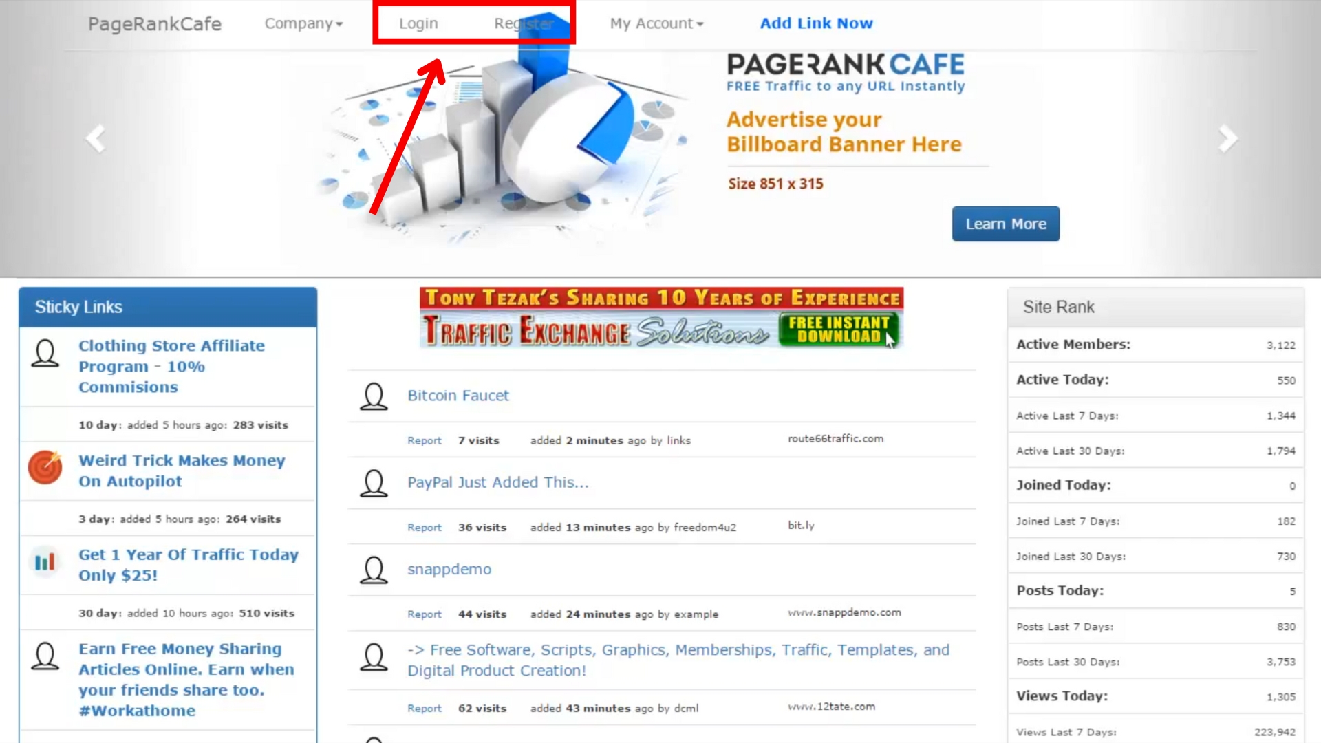 A screenshot of the Home Page of PageRankCafe with an arrow indicating where the login link is located